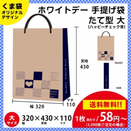【送料無料】ホワイトデー用の手提げ袋 ハッピーチェック 青色【たて型 大サイズ】